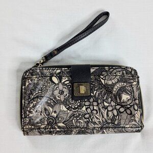 Sakroots Black and White Coated Canvas Floral All Over Print Wristlet